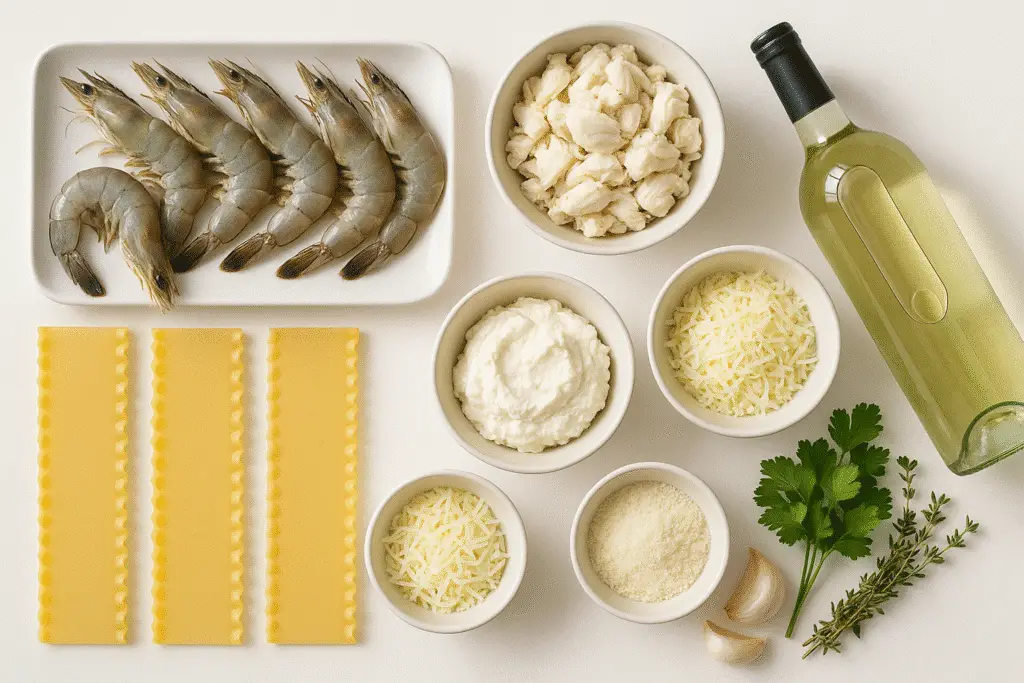 Fresh ingredients for seafood lasagna with shrimp and crab recipe preparation