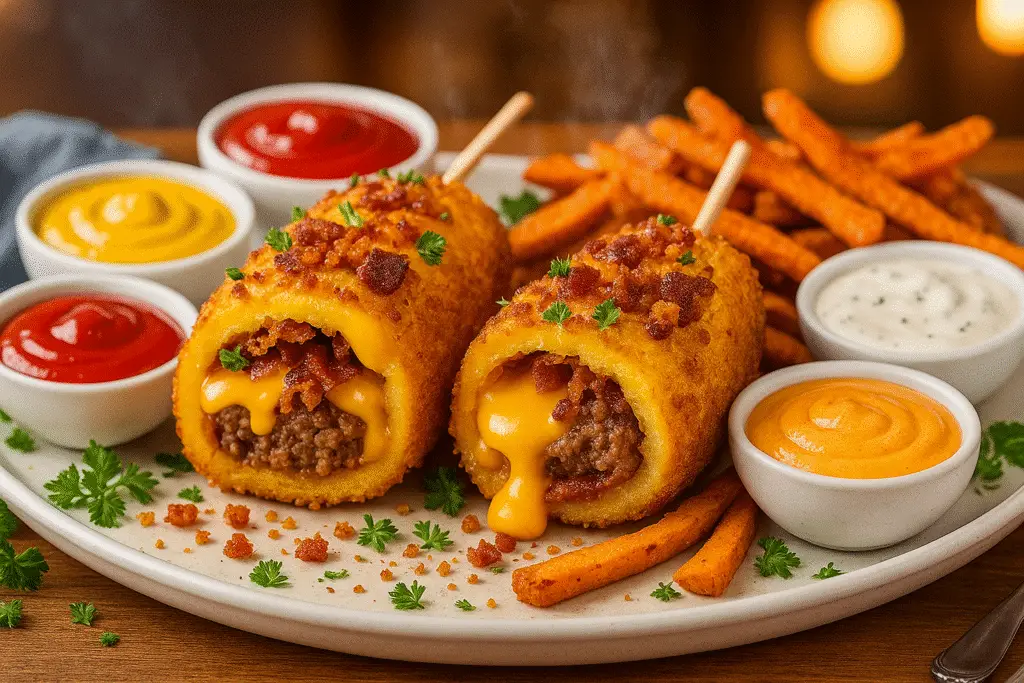 Perfectly served deep-fried bacon cheeseburger corn dogs with dipping sauces and sides