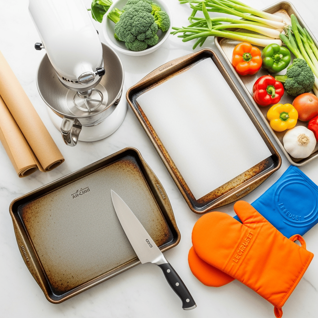 Essential sheet pan cooking equipment featuring KitchenAid and All-Clad professional tools