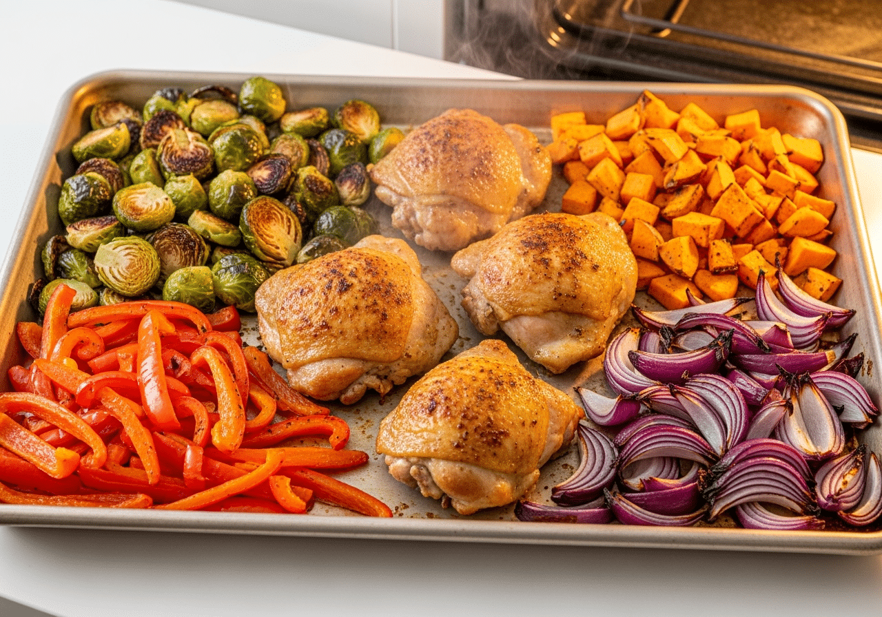 Sheet pan dinners with roasted chicken thighs Brussels sprouts sweet potatoes on rimmed baking sheet