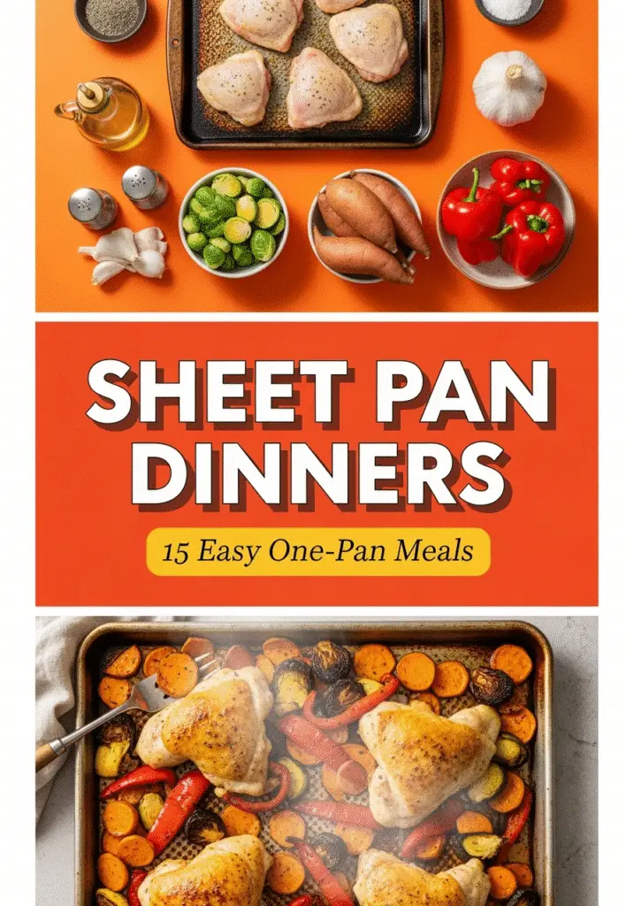Sheet pan dinners Pinterest pin showing easy one-pan meals with chicken vegetables CRENNRECIPES.COM