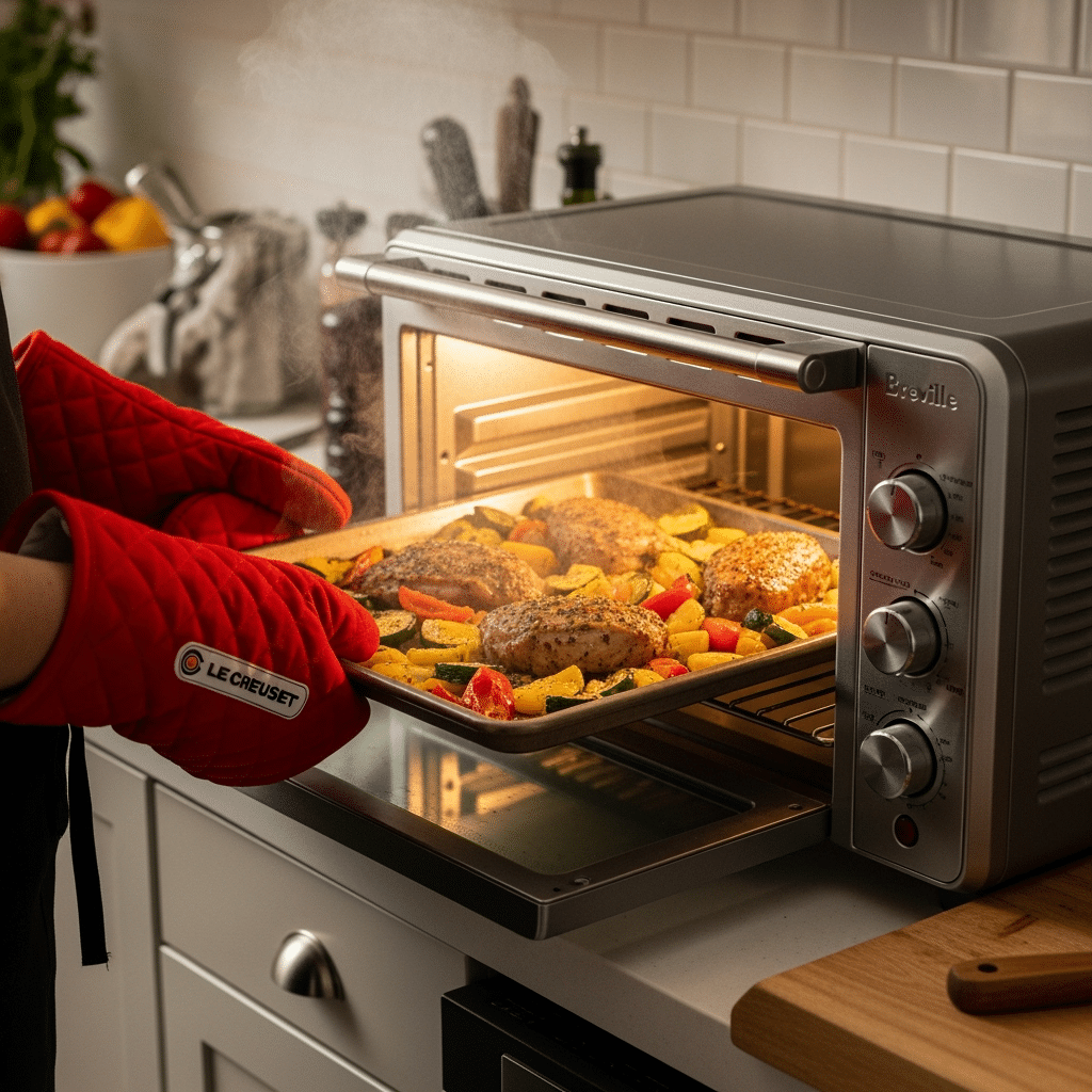 Sheet pan vegetables roasting in Breville oven with Le Creuset oven mitts