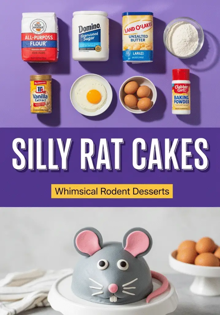 Silly Rat Cakes Pinterest pin showing premium baking ingredients and finished whimsical rat dessert from CrennRecipes