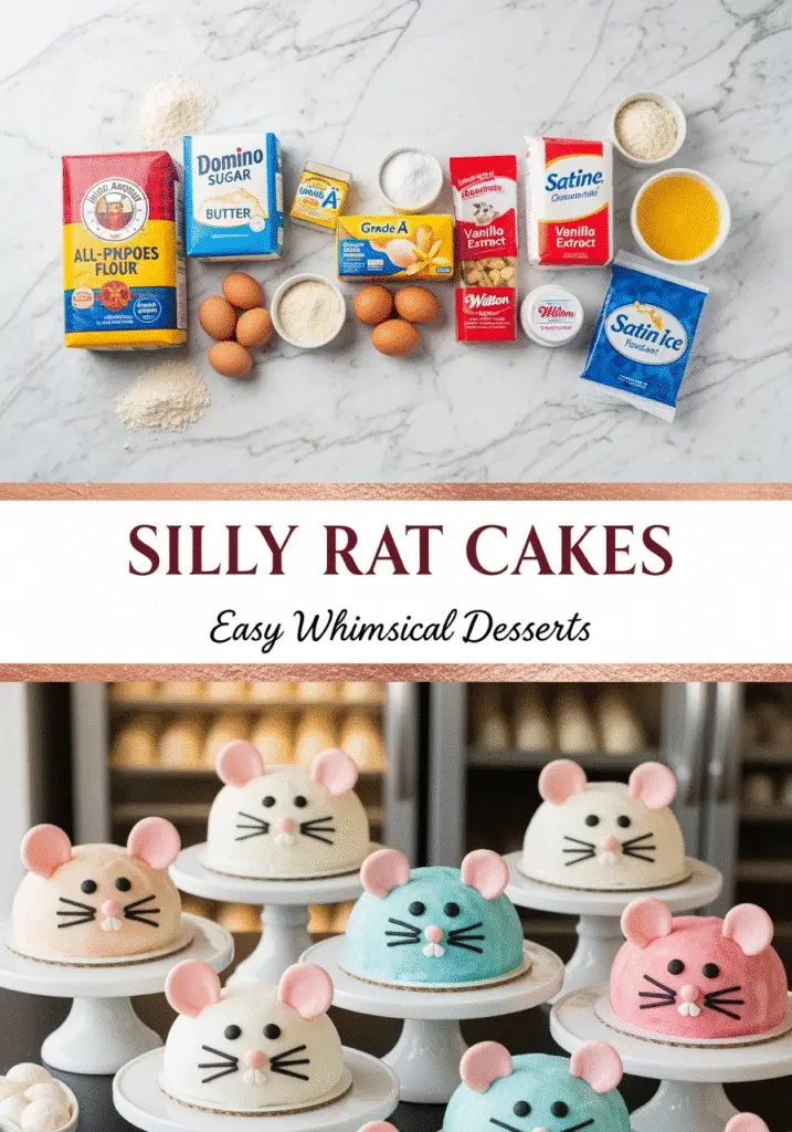 Premium Silly Rat Cakes tutorial pin featuring professional baking brands and finished whimsical rodent desserts