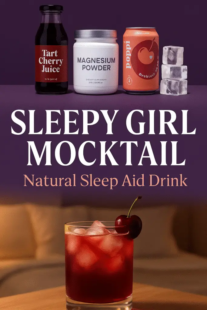 Sleepy girl mocktail Pinterest pin with natural sleep ingredients from CrennRecipes premium collection