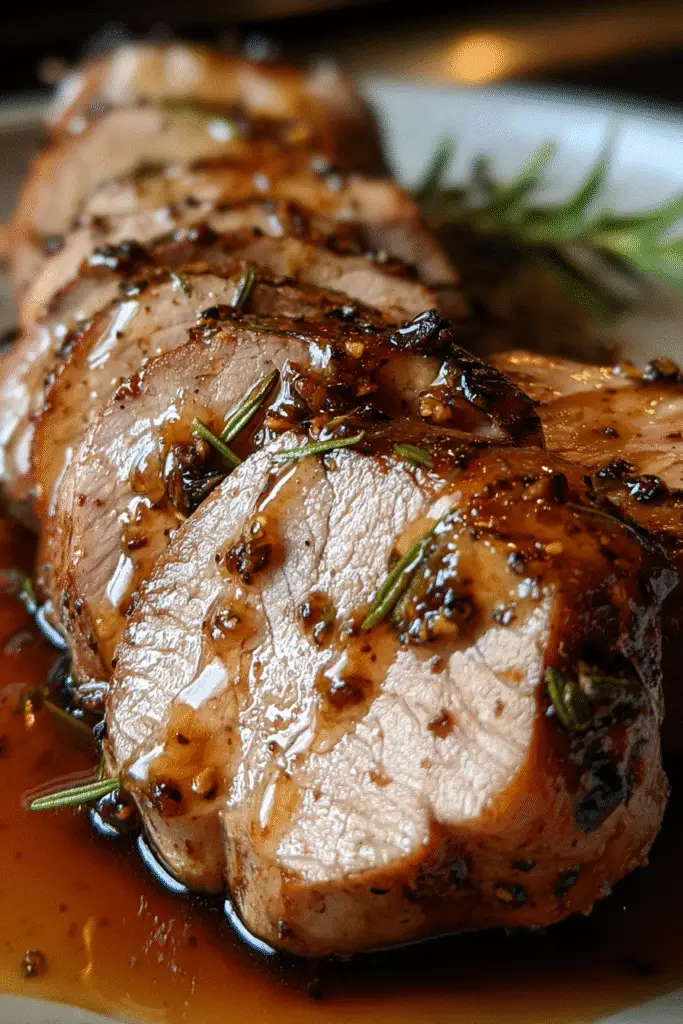 Sliced Maple Dijon Pork Tenderloin with apple cider reduction sauce on Williams Sonoma dinnerware