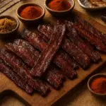 Smoky bacon candy chips with caramelized coating on wooden board - CrennRecipes premium recipe