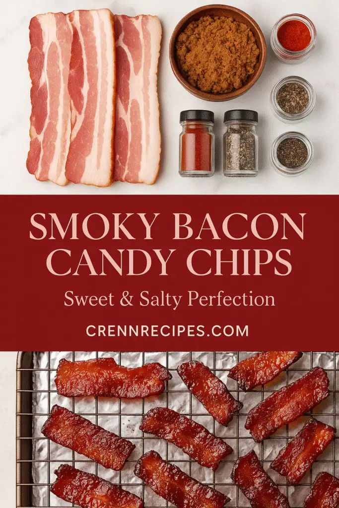 Pinterest pin for smoky bacon candy chips recipe with ingredients and finished dish - CrennRecipes