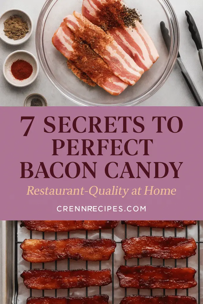 Pinterest recipe pin showing smoky bacon candy chips preparation and secrets - CrennRecipes
