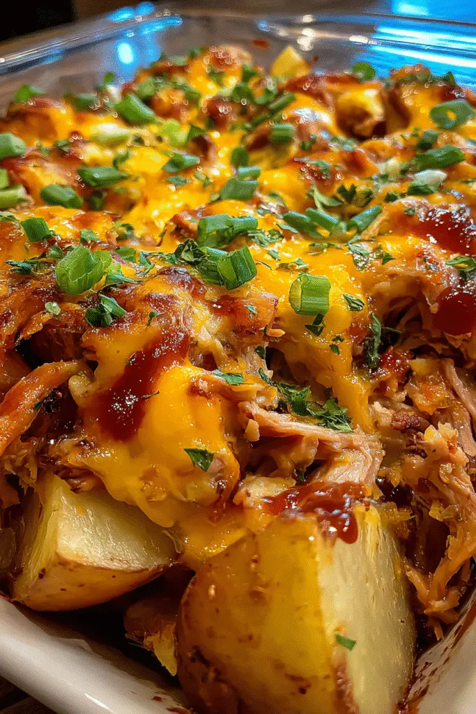 BBQ pulled pork potato casserole recipe perfect for Pinterest sharing with CrennRecipes branding