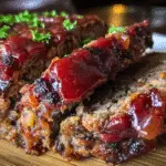 Smoky bourbon-glazed meatloaf with crispy bacon topping on white plate showing gourmet texture and premium ingredients