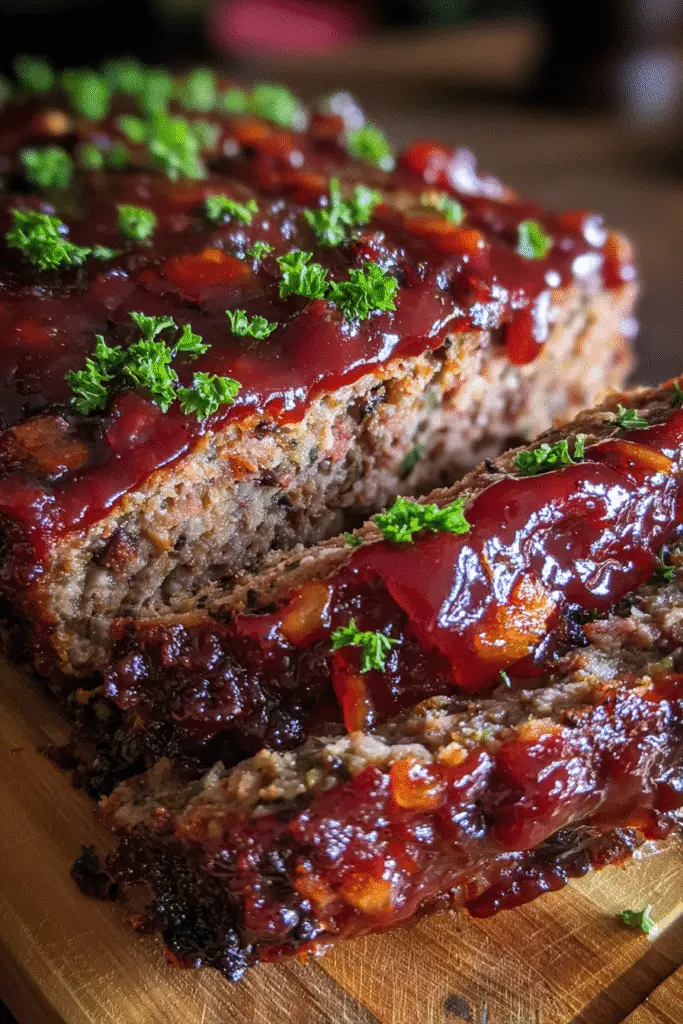 Sliced smoky bourbon-glazed meatloaf showing tender interior and caramelized bourbon BBQ glaze with bacon pieces
