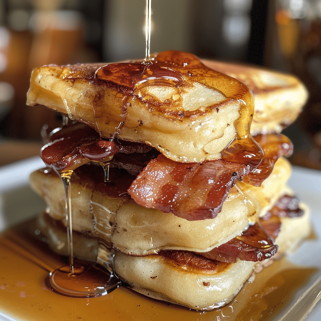 Smoky Maple Bacon Pancake Sliders with crispy bacon and honey butter drizzle on premium white plate
