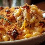 Smoky Maple Bourbon Pulled Pork Mac Cheese Casserole with golden cheese topping and tender pulled pork layers