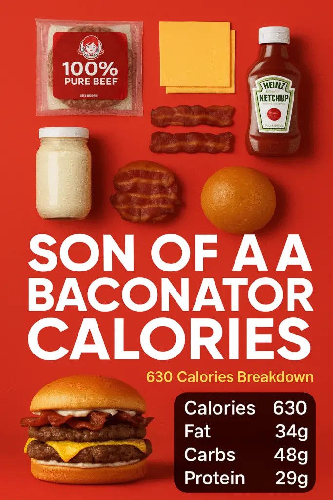 Son of a Baconator calories Pinterest pin 630 nutrition facts CrennRecipes fast food analysis