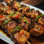 Spicy Honey Jalapeño Chicken Skewers grilled with honey glaze and jalapeño slices on metal skewers
