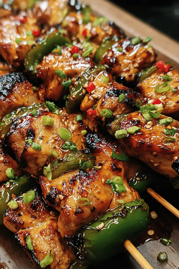 Honey jalapeño chicken skewers on grill with visible glaze and char marks