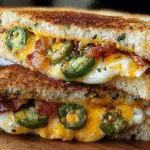 Spicy jalapeño popper grilled cheese sandwich with melted cheddar and cream cheese on golden sourdough bread