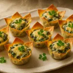 Spinach artichoke dip cups in crispy wonton wrappers - CrennRecipes premium party appetizers