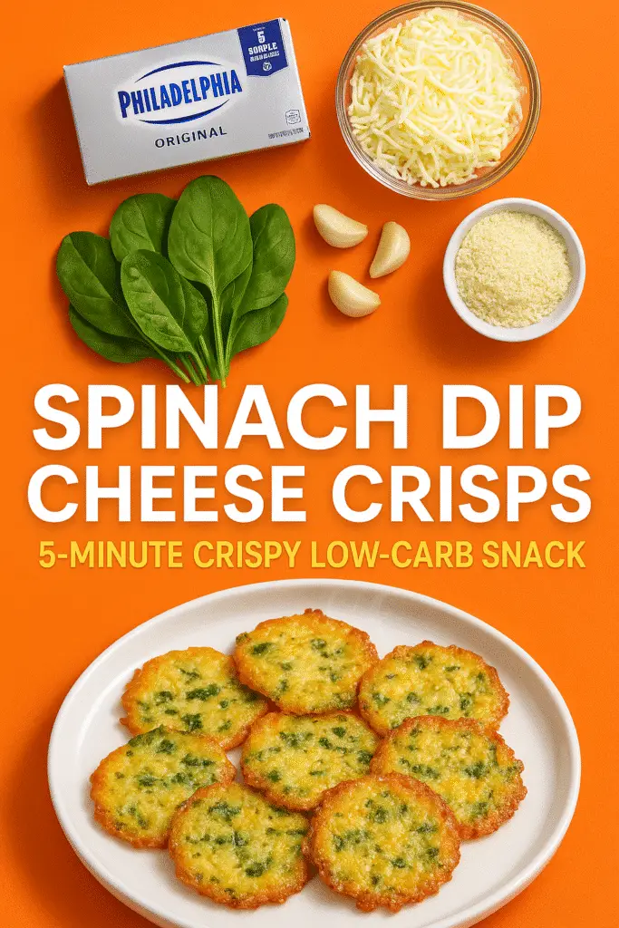 Spinach dip cheese crisps Pinterest recipe pin with ingredients and final dish CrennRecipes