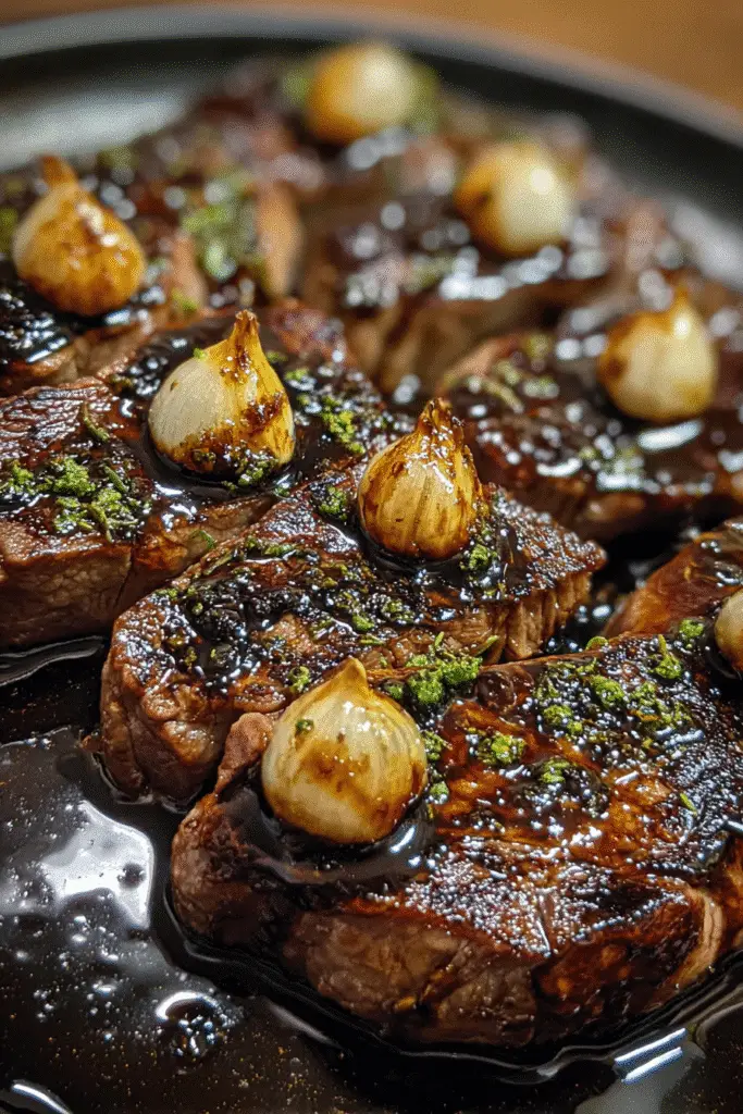 Spooky black sauce bourbon steak sliced and plated showing tender ribeye with mysterious dark glaze for Halloween