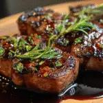 Spooky bourbon garlic steak with black sauce grilled to perfection showing dramatic dark marinade and beautiful char marks