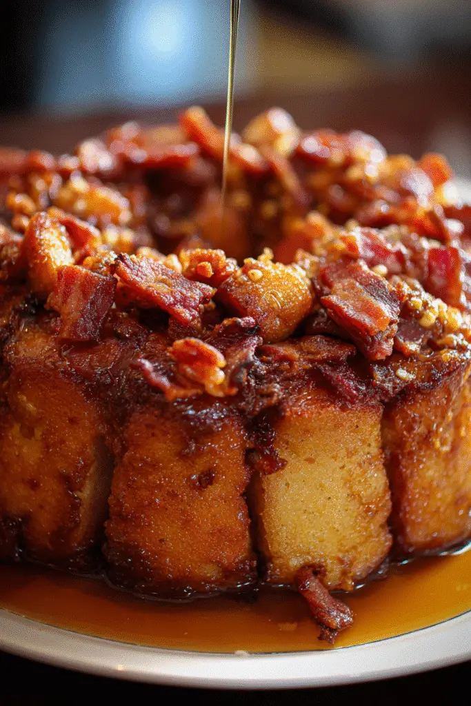 Sticky Bourbon Bacon Monkey Bread recipe Pinterest image with bourbon glaze dripping