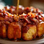 Sticky Bourbon Bacon Monkey Bread with golden glaze and crispy bacon pieces in bundt pan