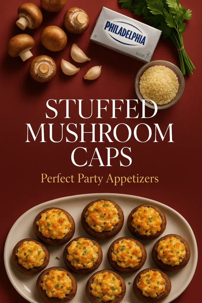 Stuffed mushroom caps ingredients and finished appetizers Pinterest pin from CrennRecipes