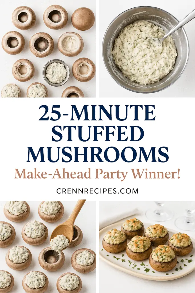 Step-by-step stuffed mushroom caps recipe process Pinterest pin with 25-minute timing