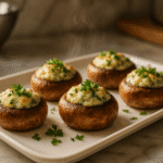 Golden stuffed mushroom caps with creamy cheese filling on white serving platter - easy party appetizer recipe