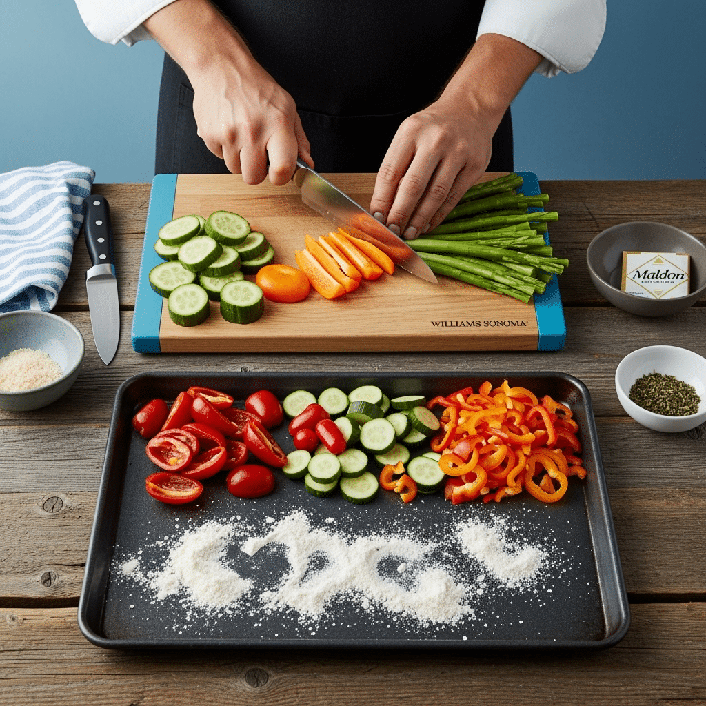 Organic ingredient preparation for eco-friendly sheet pan dinner with premium brands