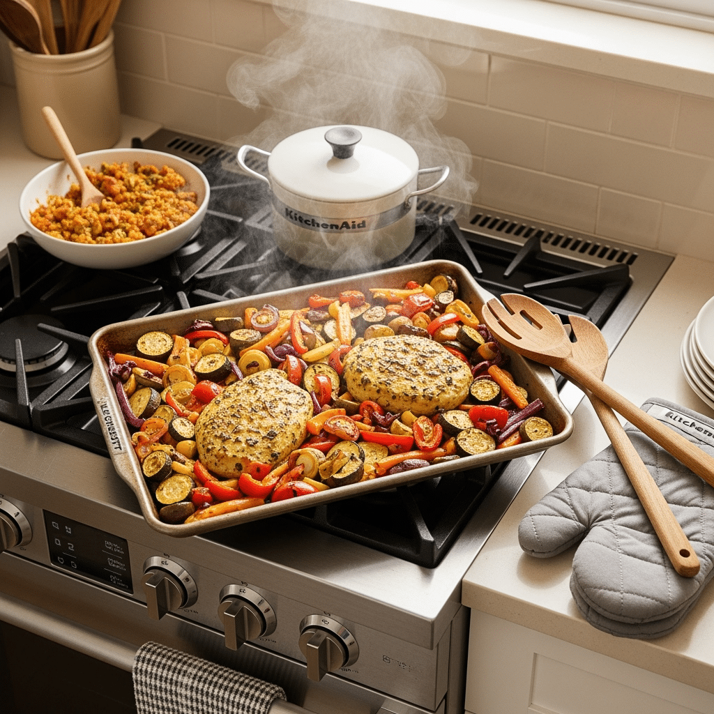 Sustainable sheet pan dinner with organic vegetables on Le Creuset baking sheet