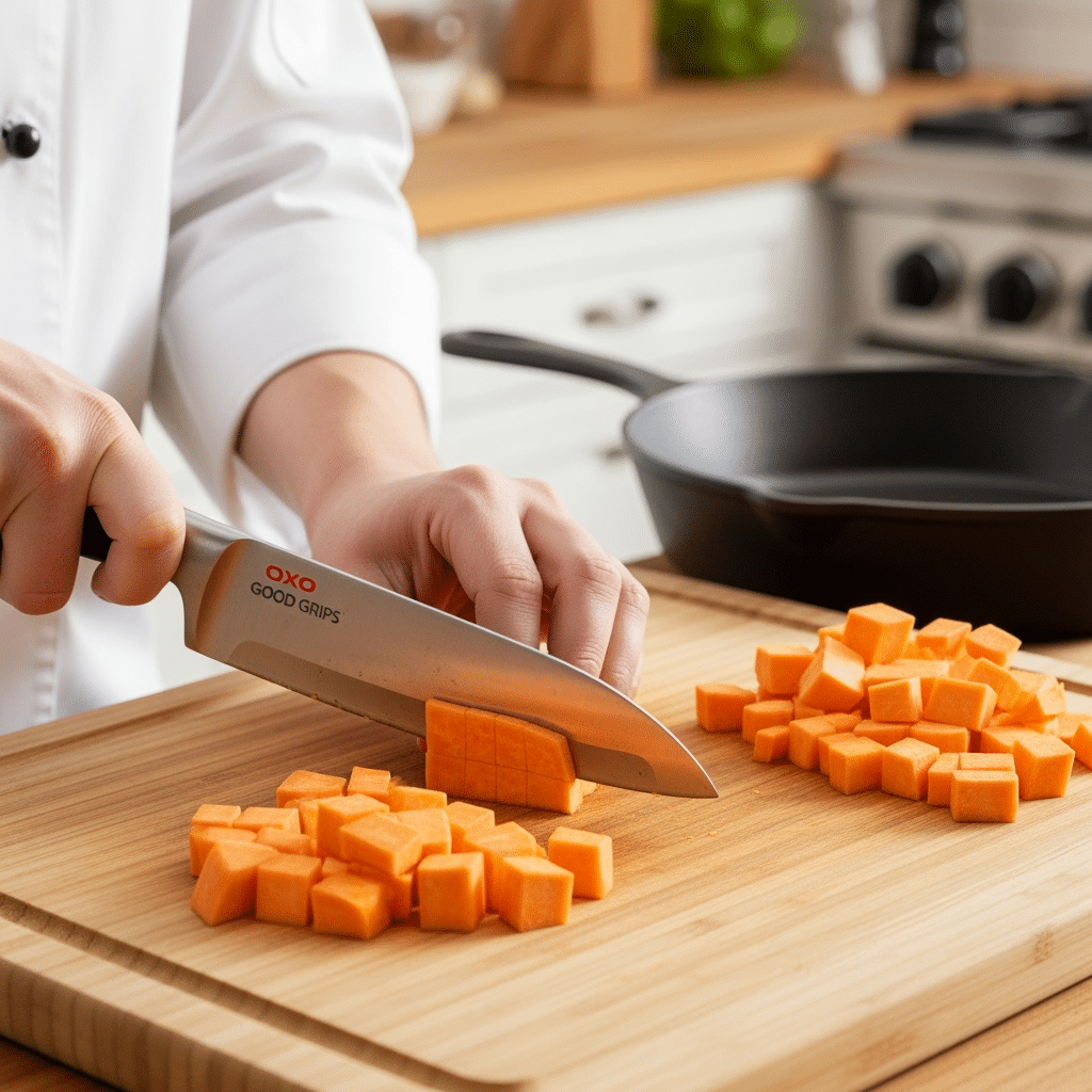 Professional sweet potato cubing technique using OXO Good Grips knife and Lodge cast iron cookware