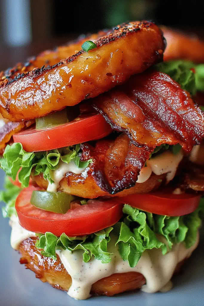 Sweet and spicy Grilled Donut BLT with homemade jalapeño mayo close-up food photography
