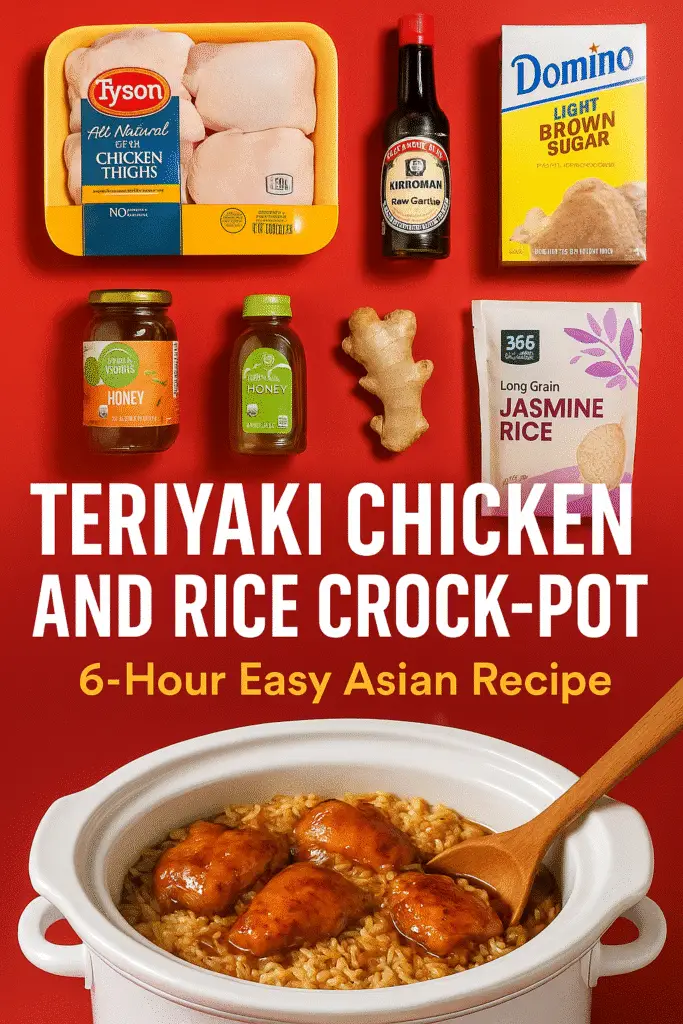 Teriyaki Chicken and Rice Crock-Pot Pinterest pin featuring premium Kikkoman ingredients from CrennRecipes