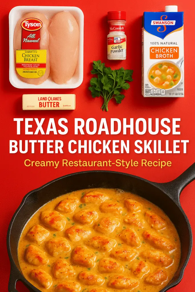 Texas Roadhouse butter chicken skillet Pinterest pin with Tyson chicken and Land O'Lakes butter ingredients for CRENNRECIPES.COM