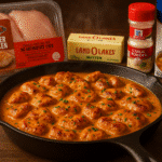 Texas Roadhouse butter chicken skillet with creamy sauce in cast iron pan featuring premium Tyson chicken and Land O'Lakes butter