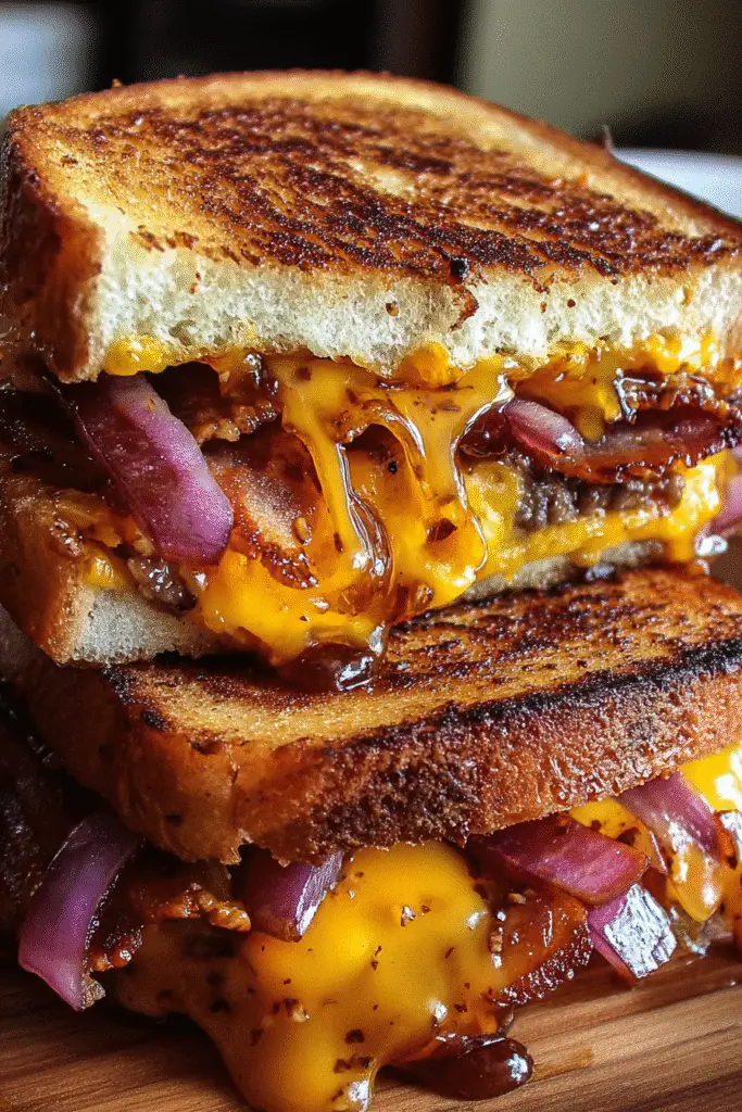 Texas Toast BBQ Bacon Melt cross-section showing melted cheese and crispy bacon layers