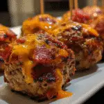 Thanksgiving bacon cheeseburger meatballs on white plate with melted cheese and bacon bits