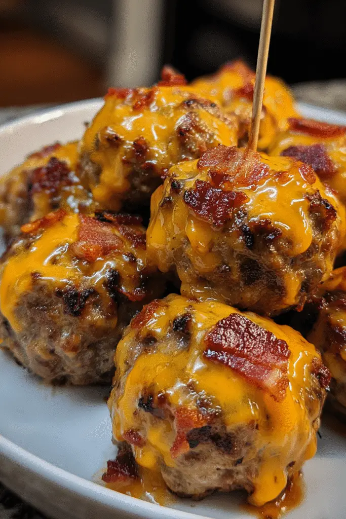 Thanksgiving bacon cheeseburger meatballs Pinterest recipe image with ingredients visible