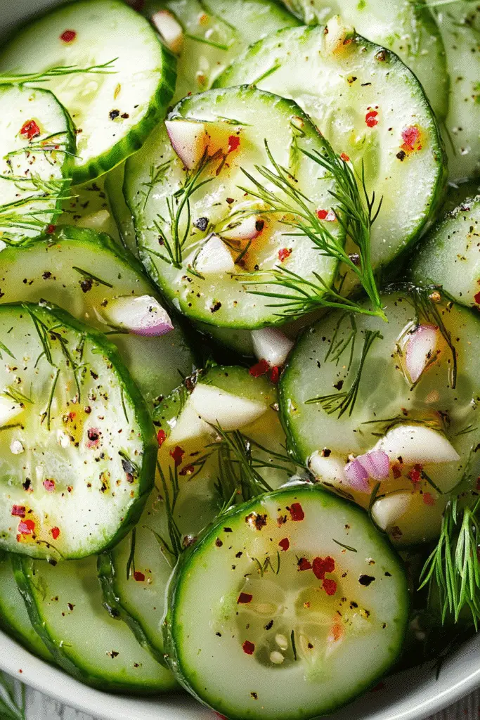 Logan's TikTok Cucumber Salad with rice vinegar dressing and mint garnish