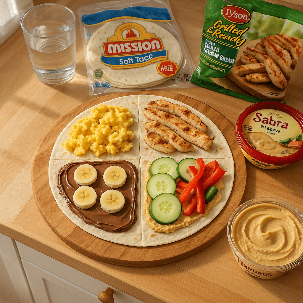TikTok tortilla wrap hack using branded ingredients in four quadrants