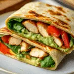 TikTok wrap hack lunch featuring crispy tortilla with grilled chicken, spinach, and mozzarella cheese on premium ceramic plate