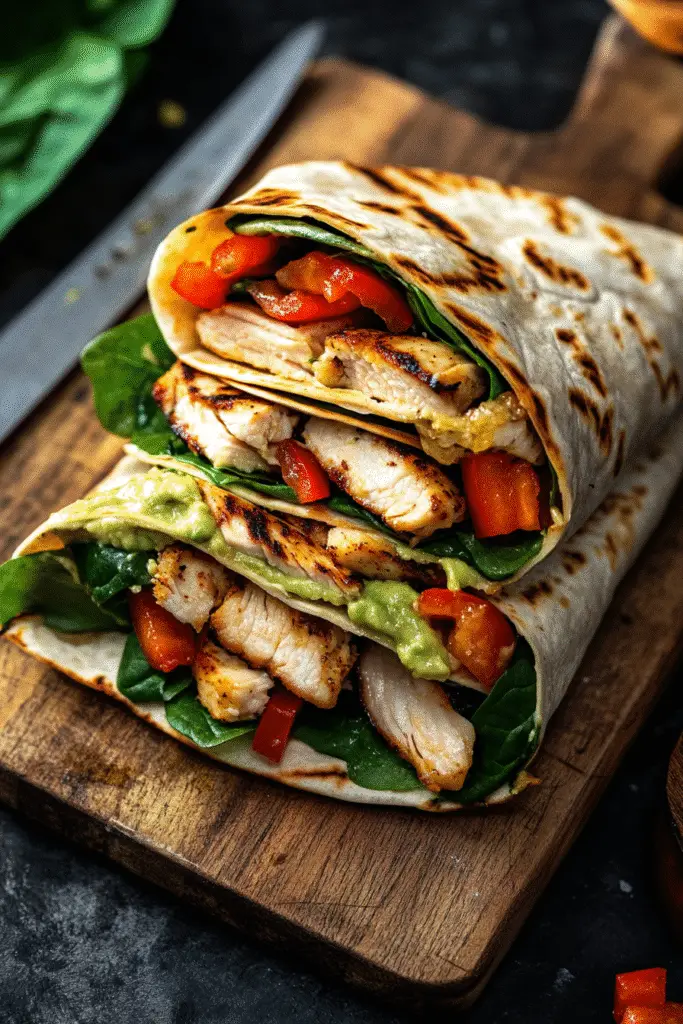 Overhead view of TikTok wrap hack lunch with grilled chicken and fresh vegetables on artisan wooden cutting board