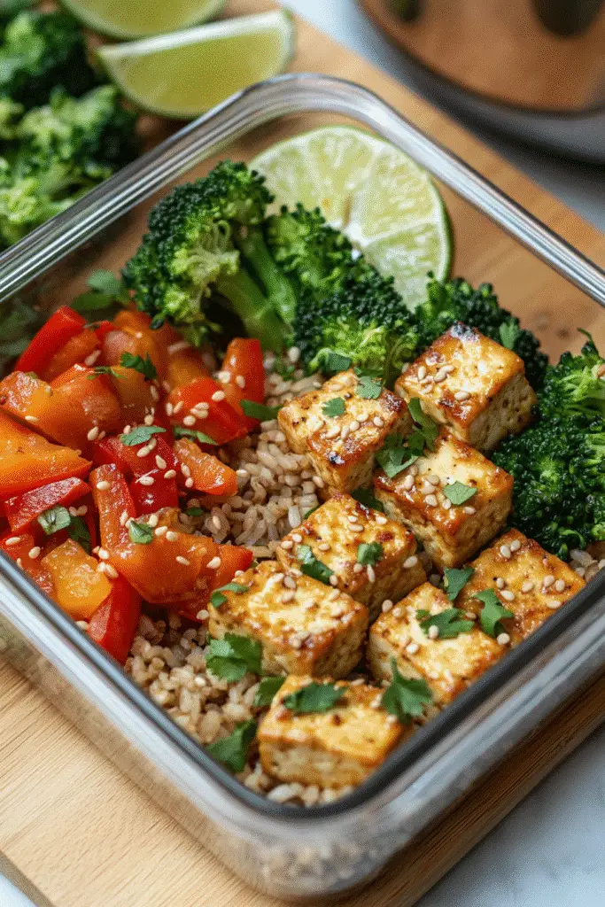 Tofu brown rice power bowl plant-based protein meal prep Pinterest recipe