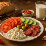 Traditional Balkan breakfast spread with feta cheese, ajvar, fresh vegetables and artisan bread - authentic CrennRecipes morning feast