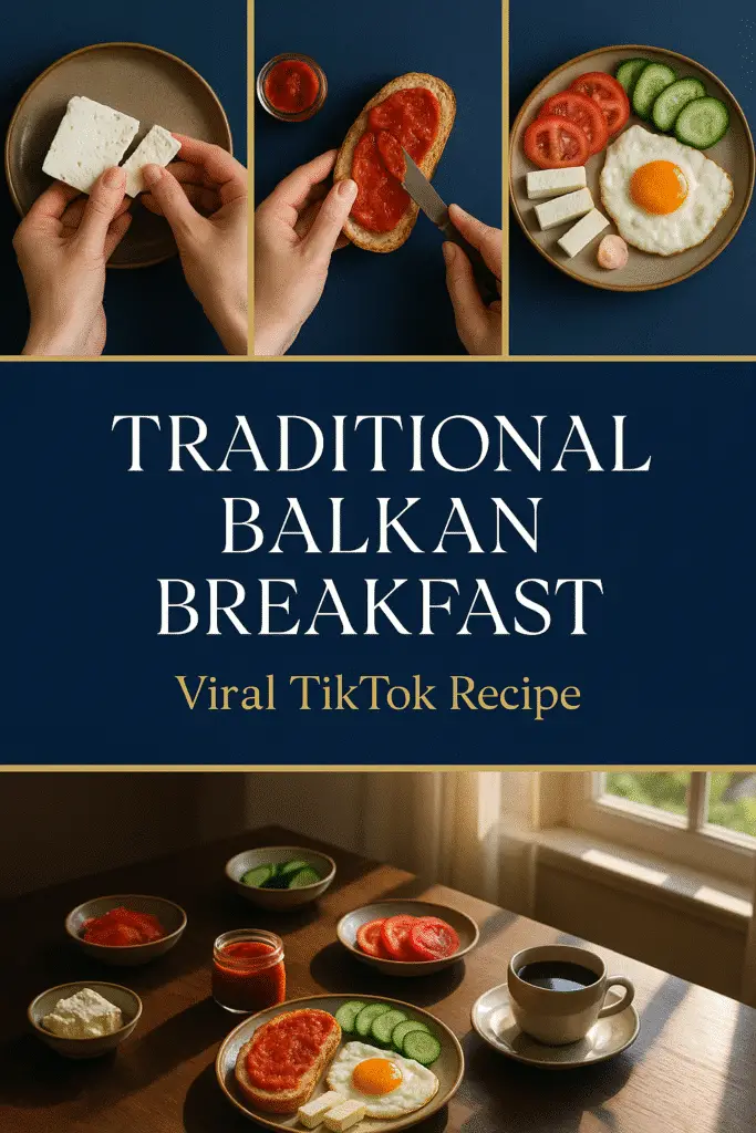 Traditional Balkan breakfast preparation steps Pinterest pin with authentic feta cheese and vegetables from CrennRecipes