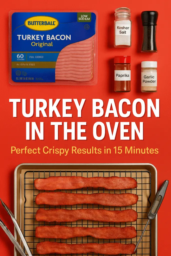 Turkey bacon in oven Pinterest pin featuring CrennRecipes method with Butterball brand ingredients