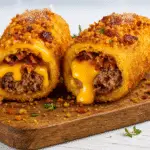 Ultimate deep-fried bacon cheeseburger corn dogs with golden crispy coating and melted cheese